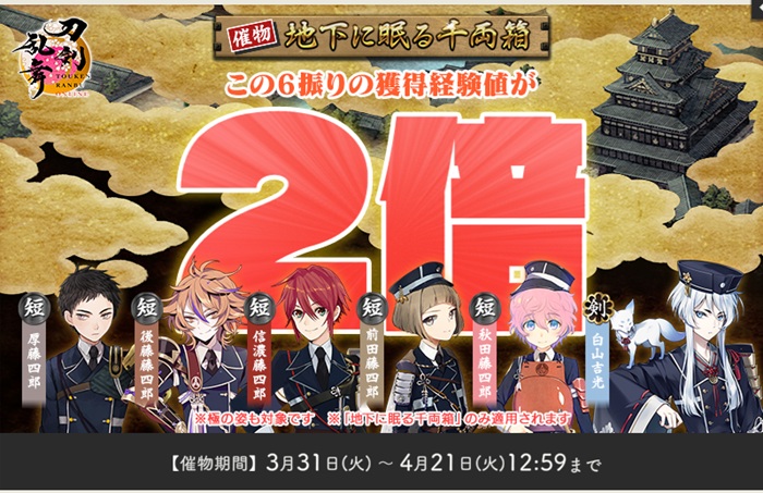 大阪城2026年3月版の経験値2倍対象は厚藤四郎、後藤藤四郎、信濃藤四郎、前田藤四郎、秋田藤四郎、白山吉光.jpg