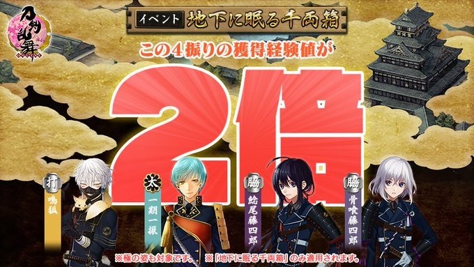 鳴狐、一期一振、鯰尾藤四郎、骨喰藤四郎の経験値が２倍.jpg